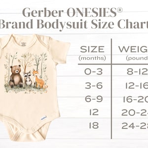 May include: A size chart for Gerber ONESIES&reg; brand bodysuits. The chart shows the size in months and the corresponding weight in pounds. The sizes are 0-3, 3-6, 6-9, 12, and 18 months. The weights are 8-12, 12-16, 16-20, 20-24, and 24-28 pounds.