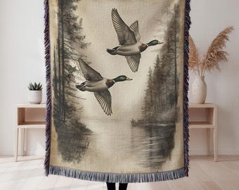 Vintage Mallard Duck Woven Blanket Cozy Cabin Cotton Blanket Hunter Throw Blanket Dad Gift Wilderness Gift for Husband Rustic Woodland Decor