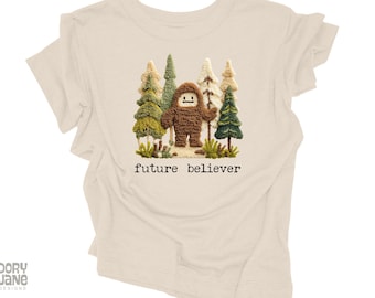 Bigfoot Kids Shirt Future Believer Toddler T-Shirt Funny Weirdcore Children's Tshirt Sasquatch Kid Tee Faux Crochet Cryptology Faith T Shirt