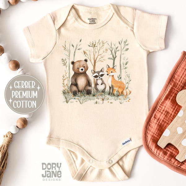 Body de bebé con estampado de animales del bosque, marca ONESIES®. Body con animales del bosque. Conjunto para bebé con temática del bosque. Regalo ideal para baby shower con temática de animales del bosque.