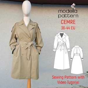 Może przedstawiać: Beżowy trencz na manekinie. Płaszcz ma dwurzędowy przód, pasek i kieszenie. Obraz zawiera również schemat wykroju i tekst "modella pattern CEMRE 36-44 EU Sewing Pattern with Video Tutorial."