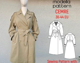 Cemre Coat Pattern –Trench Coat Sewing Pattern Pdf - Size 42 EU - 10 US – Digital Download, DIY Jacket, Printable Sewing Pattern