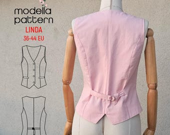 LINDA V-Ausschnitt geknöpfte Weste Schnittmuster - Größe 36-44 - Digitaler Download, DIY Frauen Weste , druckbare Schnittmuster