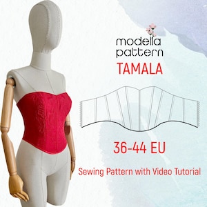 May include: A red corset sewing pattern with a video tutorial. The pattern is for sizes 36-44 EU. The pattern is shown on a white dress form.