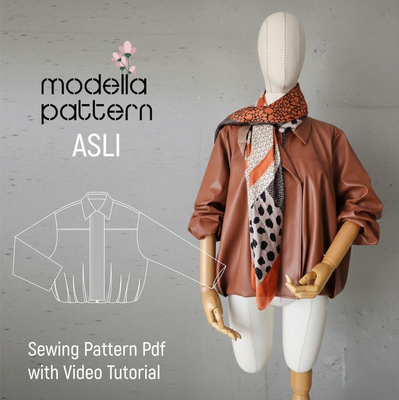 May include: A brown leather jacket with a collared neckline and a scarf with orange, black, and white patterns is displayed on a mannequin. The text "modella pattern ASLI" and "Sewing Pattern Pdf with Video Tutorial" are visible.