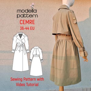 Puede incluir: Un abrigo tipo gabardina beige sobre un maniquí, con una ilustración a juego del abrigo y el texto "modella pattern CEMRE 36-44 EU". También se ve el texto "Sewing Pattern with Video Tutorial".