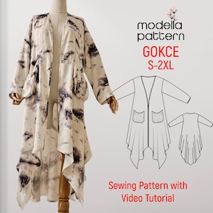 Peut inclure: Un long vêtement de style kimono ouvert sur le devant, de couleur crème avec des motifs tie-dye noirs et gris. Le vêtement a deux poches avant et est présenté sur un mannequin. L'image comprend également un schéma de patron de couture et le texte "modelia pattern GOKCE S-2XL".