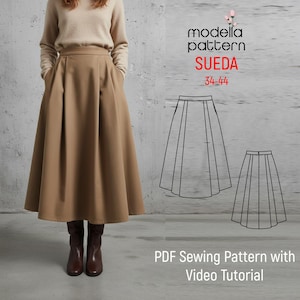 Molde para saia evasê plissada em camurça • Zíper invisível • Tecidos planos • Molde em PDF nos tamanhos 34 a 44 • A4, Carta (EUA), Plotter + Tutorial em vídeo