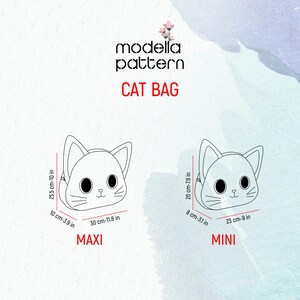 Op de afbeelding: Lijntekeningpatroon voor een kattenvormige tas in twee maten: maxi en mini. De maxi-tas meet 10 cm bij 30 cm en de mini-tas meet 8 cm bij 23 cm.