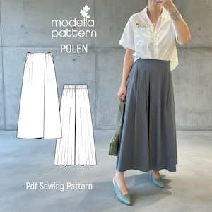 Patrón de costura en PDF para pantalones culotte estilo falda Polen Faux Wrap / Pantalones de pierna ancha con efecto falda / Tallas 36-42