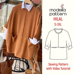 May include: A sewing pattern for a brown, loose-fitting tunic with a collar and pockets. The pattern is called "Hilal" and is available in sizes S-3XL. The pattern includes a video tutorial.