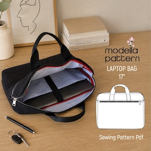 May include: A black laptop bag with two handles and a zipper closure, featuring a light blue interior lining and a black elastic strap. The text reads modella pattern LAPTOP BAG 17" Sewing Pattern Pdf, accompanied by a line drawing of the bag.