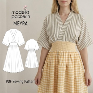 May include: A woman wearing a dress made from a PDF sewing pattern. The top is striped, the skirt is yellow gingham, and the waist is cinched with a yellow band. The pattern name is "MEYRA".
