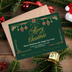 Cartão de Feliz Natal Verde e Dourado, Cartão Postal de Natal Moderno, Cartão de Saudações de Natal, Cartão de Natal para Imprimir, PDF Editável