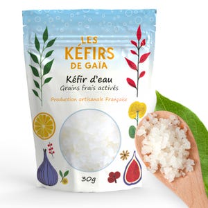 Peut inclure: Un sachet blanc avec un design coloré comportant le texte "Les Kéfir de Gaia" et "Kefir d'eau Grains frais activés Production artisanale Française". Le sachet contient 30g de grains de kéfir blancs.