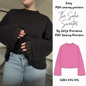 Könnte beinhalten: Schwarzer Pullover mit ausgestellten Ärmeln und schwarzen Spitzenbündchen. Das Bild enthält eine rosa Abbildung des Pullovers und den Text "The Sofae Sweater" und "By Eefje Patterns PDF Sewing Pattern". Größen XXS-XXL.