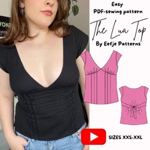 May include: Black short-sleeved top with a deep V-neck and gathered detailing. The image includes a pink illustration of the top's design and the text "The Lua Top" and "By Eefje Patterns". Sizes XXS-XXL are also listed.