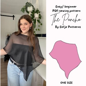 Op de afbeelding: Een persoon draagt een zwarte, doorschijnende poncho met een zwarte top en een blauwe spijkerbroek. De afbeelding bevat de tekst "Easy/ beginner PDF-sewing pattern The Poncho By Eefje Patterns" en een roze poncho-omtrek met "ONE SIZE".