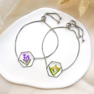 Pressed Flower Bracelet: Birth Month Charm, Gold/Silver Chain