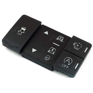 Puede incluir: Un panel de control automotriz negro con varios botones rectangulares que presentan iconos y texto en blanco. Los botones incluyen símbolos para el control de tracción, flechas, un candado, ASL y la función de apagado del motor.