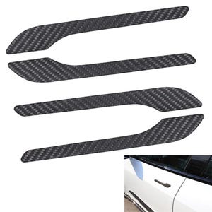 May include: Four elongated, curved adhesive strips featuring a dark grey and black carbon fibre weave pattern. These strips are designed to be applied to the exterior door handles of a white vehicle, as shown in the small inset image.