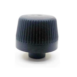May include: A dark grey bottle cap with a ribbed, conical design. The cap has a flat top and a short, cylindrical base. The cap is made of a solid, opaque material against a white background.