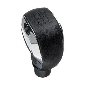 May include: A black gear shift knob with a textured surface and a polished chrome-colored side trim. The top of the knob features a black engraved gear pattern showing positions 1, 3, 5, 2, 4, and R. The base is a cylindrical black connector.