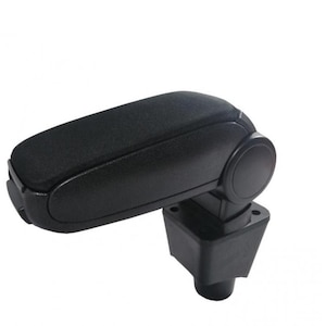 Puede incluir: Un reposabrazos negro para coche con una parte superior acolchada y texturizada. El reposabrazos está montado sobre una base negra con un dial de ajuste circular. El diseño es ergonómico y parece duradero.