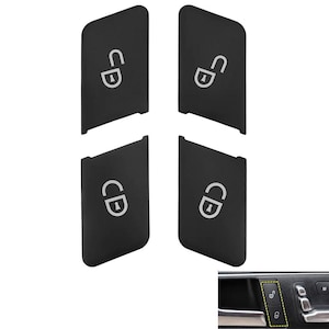 May include: Four black rectangular replacement button covers for a vehicle door lock system. Each cover features a white icon representing either an unlocked or locked padlock. A small inset image shows the buttons installed on a car door panel.