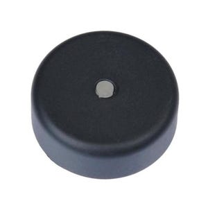 May include: A circular black knob with a smooth, matte finish and a small, centered metallic silver circular inlay. The object has a simple, cylindrical profile with rounded edges, presenting a clean and uniform appearance from a top-down view.