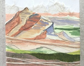 orange and purple mountain watercolor landscape collage on 5"x5" canvas