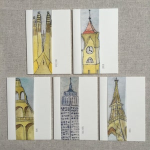 set van vijf aquarel stad landmark leeg wenskaarten met inbegrip van new york, Parijs, rome, barcelona en zurich