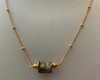 Gold satellite chain with hand fabricated textured sterling silver barrel bead,