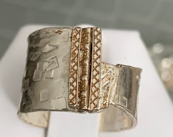 OOAK Asymmetrical,Sterling silver, ring, band, wide, gold, textured, Christmas, free shipping, wholesale, one of a kind, statement, unique