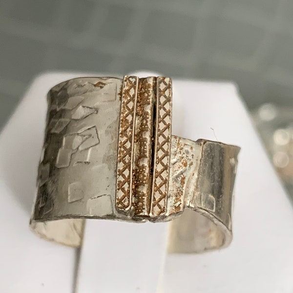 OOAK Asymmetrical,Sterling silver, ring, band, wide, gold, textured, Christmas, free shipping, wholesale, one of a kind, statement, unique