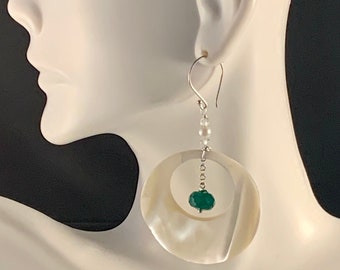 Vintage mother of pearl hoop earring with green onyx dangle