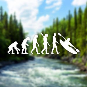 May include: A white silhouette of the evolution of humans, ending with a person kayaking. The image is set against a blurred background of a river and trees.