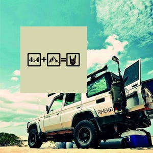 May include: A white 4x4 SUV parked on sand under a blue sky with clouds. The vehicle has black tires and a rear door open. A graphic above the vehicle reads "4x4 + mountain = rock on".