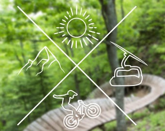 May include: A white line drawing of a mountain, sun, a mountain bike rider, and a gondola on a green background.