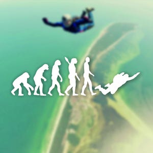 Könnte beinhalten: Eine weiße Silhouette der Evolution des Menschen, beginnend mit einem Affen und endend mit einem Fallschirmspringer. Das Bild ist vor einem verschwommenen Hintergrund eines Strandes und Ozeans.