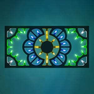 Può includere: Un'opera d'arte rettangolare e illuminata con sfondo turchese. Il design presenta un elemento centrale circolare con luci gialle e blu, circondato da un motivo floreale. Luci verdi e bianche incorniciano i bordi esterni, creando un'estetica vibrante e moderna.