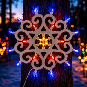 Op de afbeelding: Witte sneeuwvlokvormige kerstlichtdecoratie met blauwe, rode en gele lichten. De sneeuwvlok is bevestigd aan een boomstam. De lichten zijn rond de omtrek en het midden van de sneeuwvlok gerangschikt.
