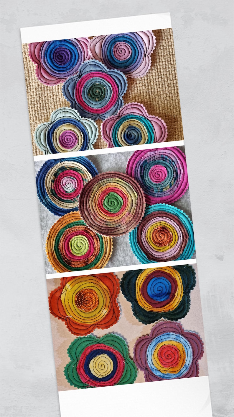 K&ouml;nnte beinhalten: Ein Set aus bunten Stoffuntersetzern mit Spiraldesign. Die Untersetzer sind blumenf&ouml;rmig und aus verschiedenen Farben und Mustern gefertigt.