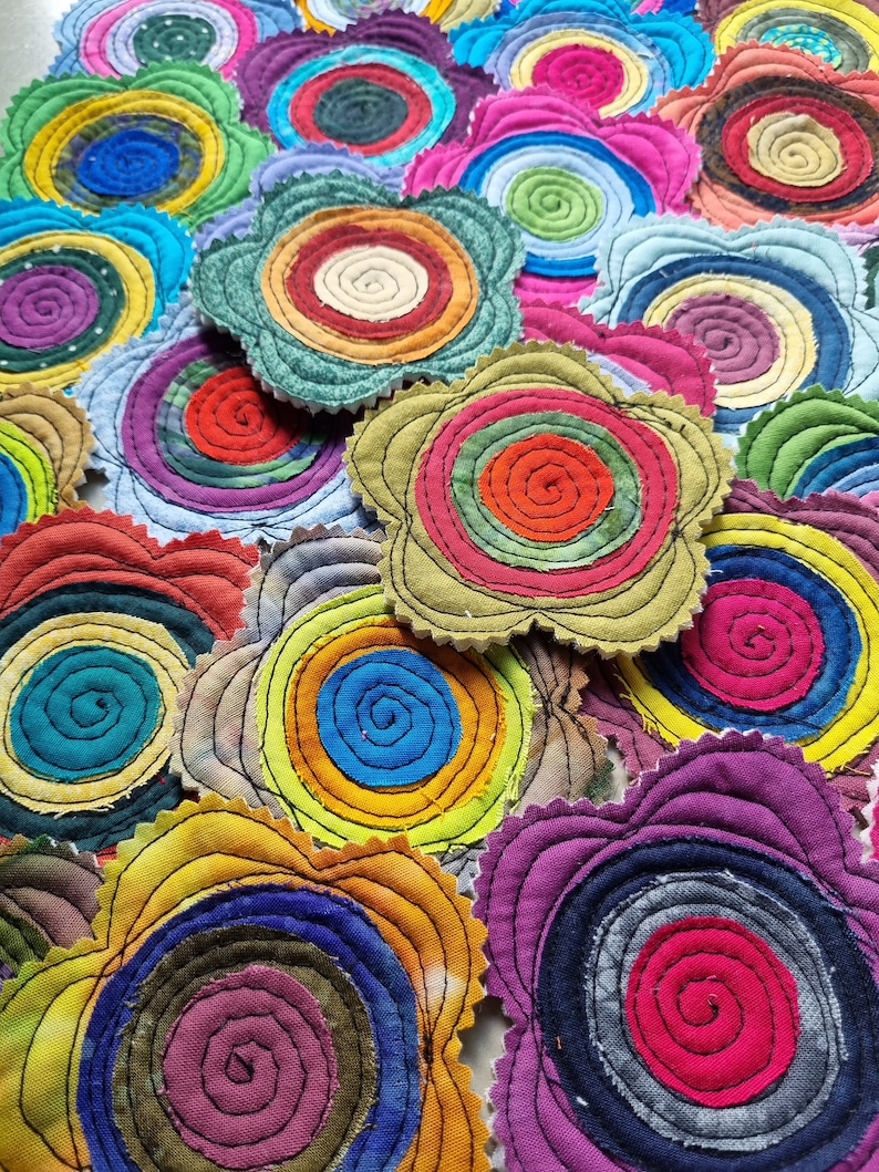 5 Handmade Fabric Batik Swirl Quilted Stacked Layer Flowers Appliques Label Tag Bright image 9