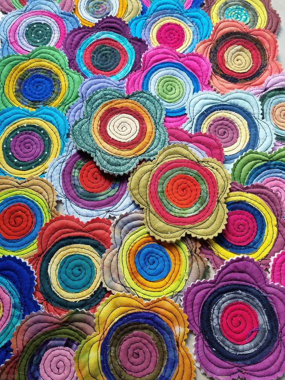 5 Handmade Cotton Fabric Appliqué Flowers – Spiral Quilted for Crafts, Quilting, Slow Stitching