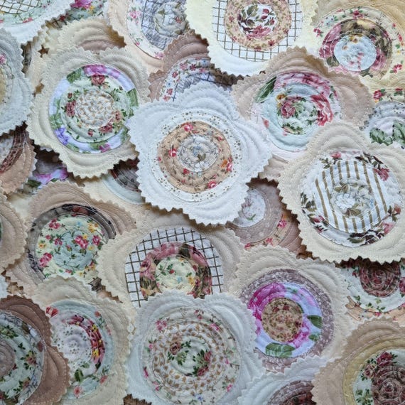 Handmade Neutral Quilted Fabric Appliqué Flowers – Textile Embellishments, Set of 5