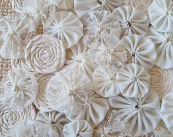 Fabric YoYo Rosette Suffolk Puff Mix Vintage Lace Soft Cream Off White Wedding Embellishment Pearl