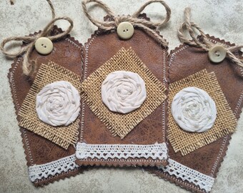 3 Handmade Fabric Tags Primitive Faux Leather Burlap Rosette Pearl Bead Lace Twine