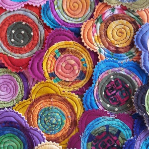 5 Handmade Fabric Batik Swirl Quilted Stacked Layer Flowers Appliques Label Tag Bright image 2