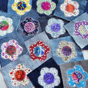 4 Upcycled Denim Flower Applique Patches: Slow Stitch, Junk Journal Supplies